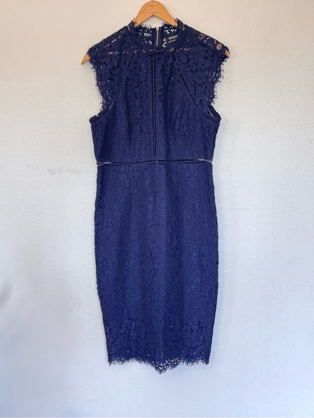 Bardot Navy Blue Lace Cocktail Dress Elegant Wedding Guest & Date Night Midi Sz8 - Picture 2 of 14